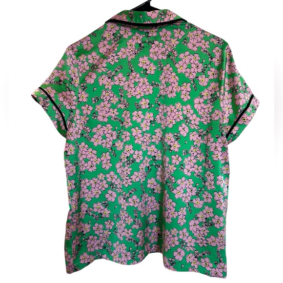 Kate Spade Charm Floral Button Down Pajama Top Short Sleeve Green & Pink Sz Med - Picture 3 of 16